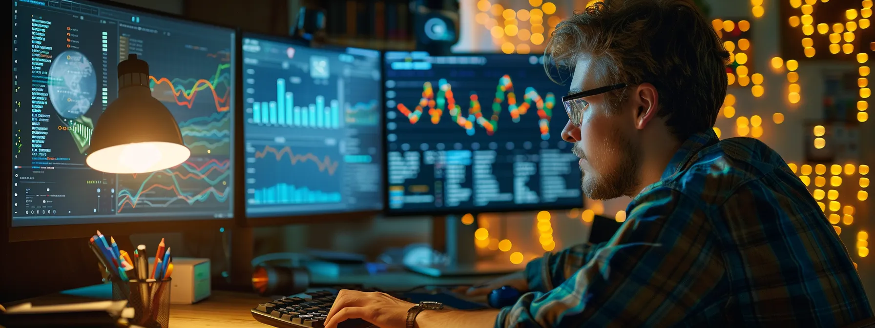 a person analyzing data on a computer screen, surrounded by charts and graphs.