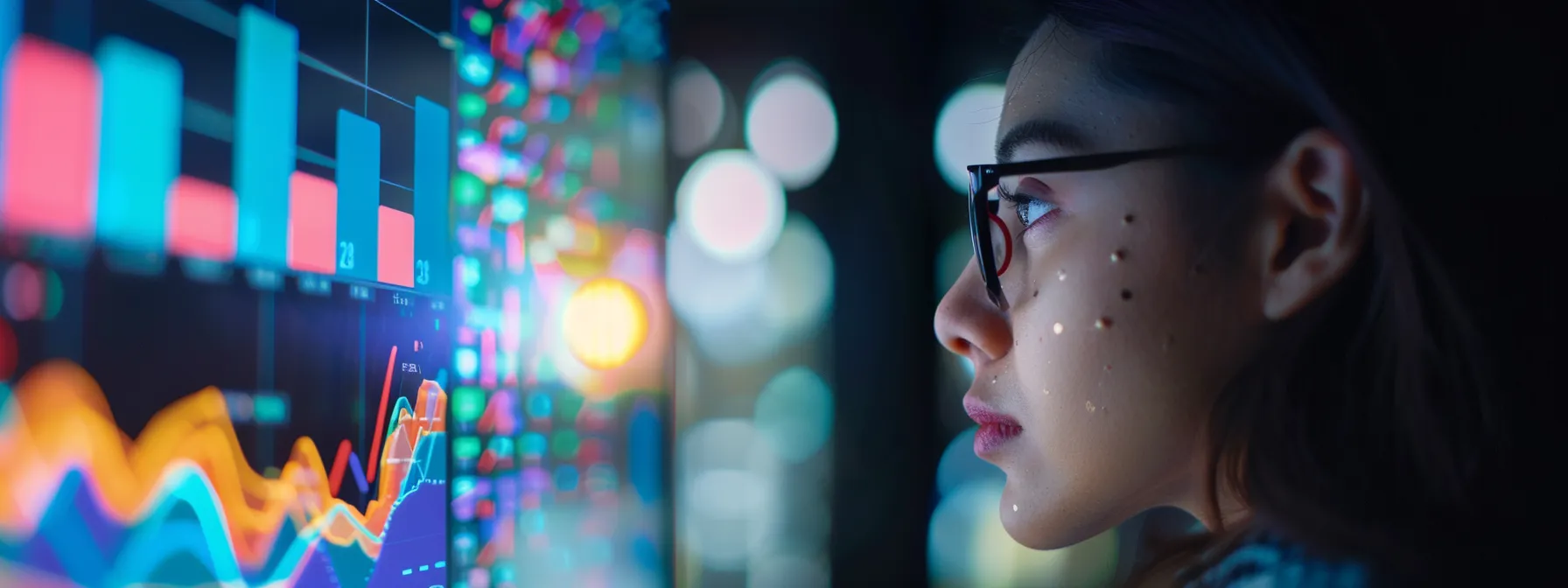 a person analyzing data and charts on a computer screen with a focused expression.