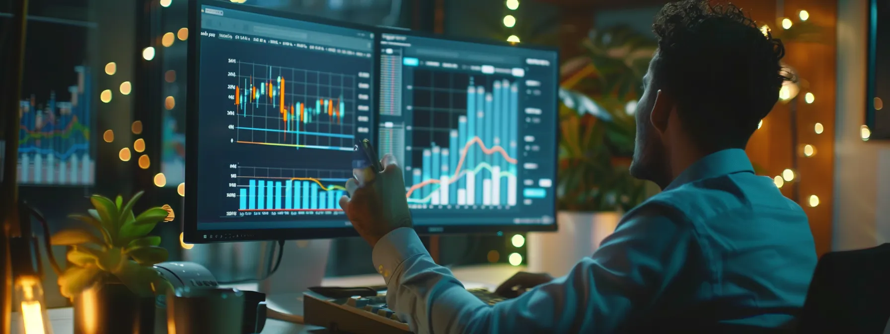 a person analyzing data on a computer screen with graphs and charts while working on google ads bidding strategies.