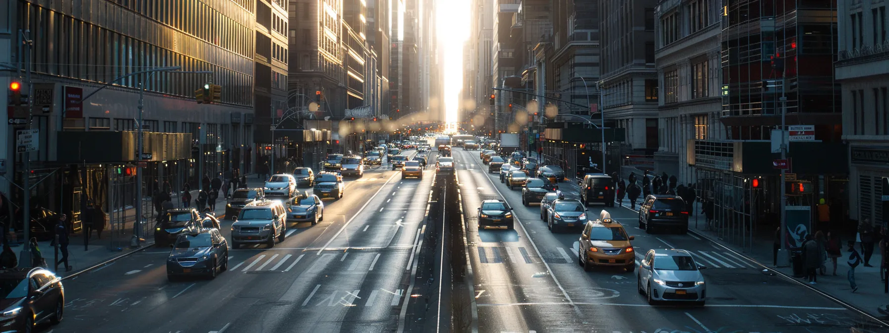 a bustling city street with multiple lanes of traffic, smoothly flowing in different directions to represent fast and efficient content delivery through content delivery networks.