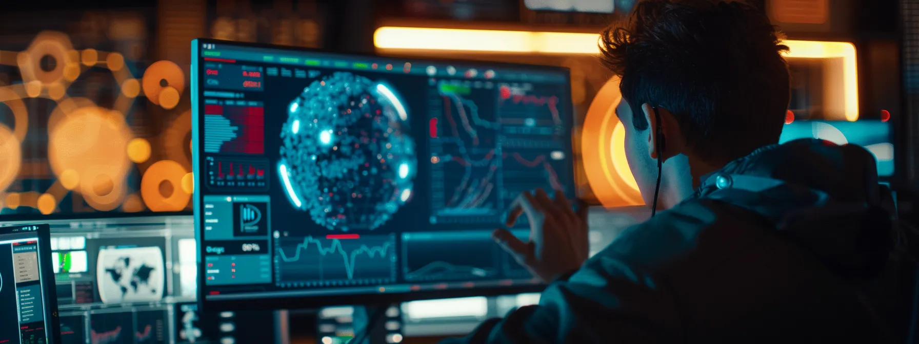 a person analyzing a detailed dashboard on a computer screen, surrounded by data visualizations and graphs, showcasing advanced google analytics strategies in action.