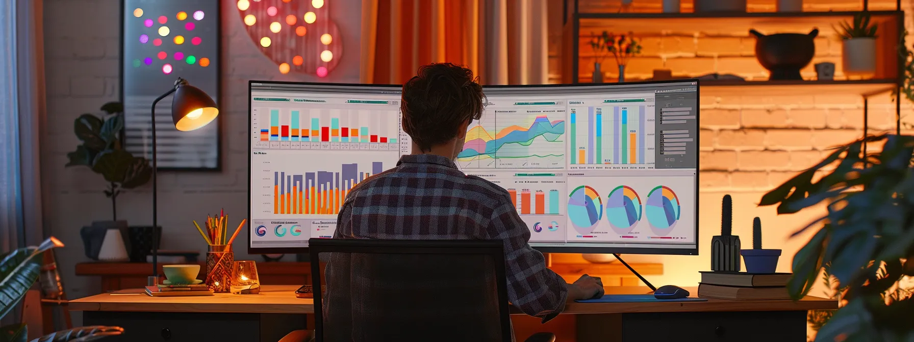 a web designer at a sleek desk, analyzing colorful graphs and charts on a computer screen to improve website performance.