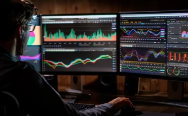 a person analyzing data on a computer screen, with colorful graphs and charts displayed on the monitor.