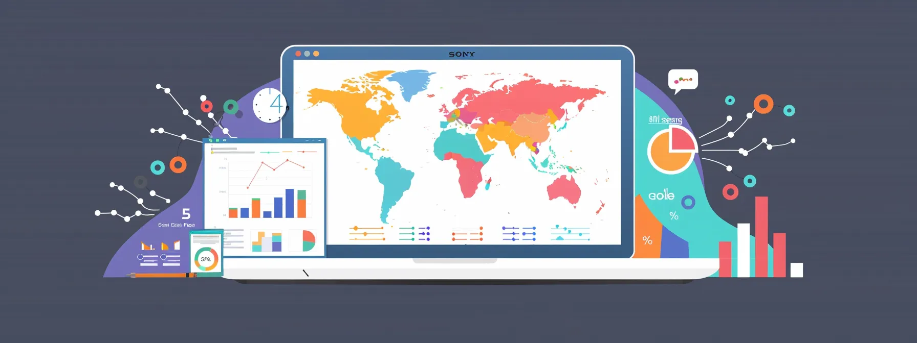 capturing a person setting up google analytics on a laptop, surrounded by charts and graphs, showcasing a strategic approach to optimizing web design and brand strategy.